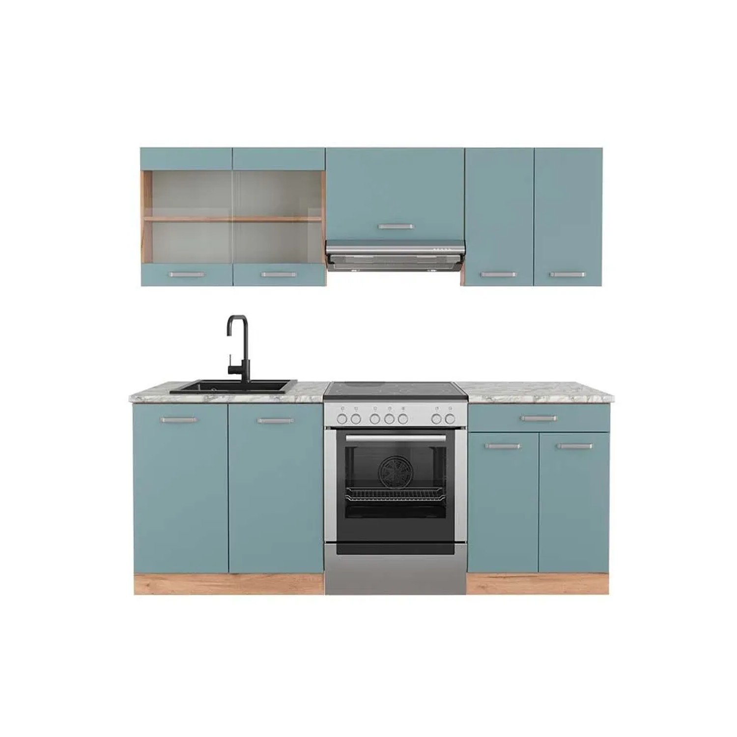 Vicco R-Line Küchenzeile Blau-Grau Goldkraft Eiche 200 cm AP Marmor ohne E-Geräte
