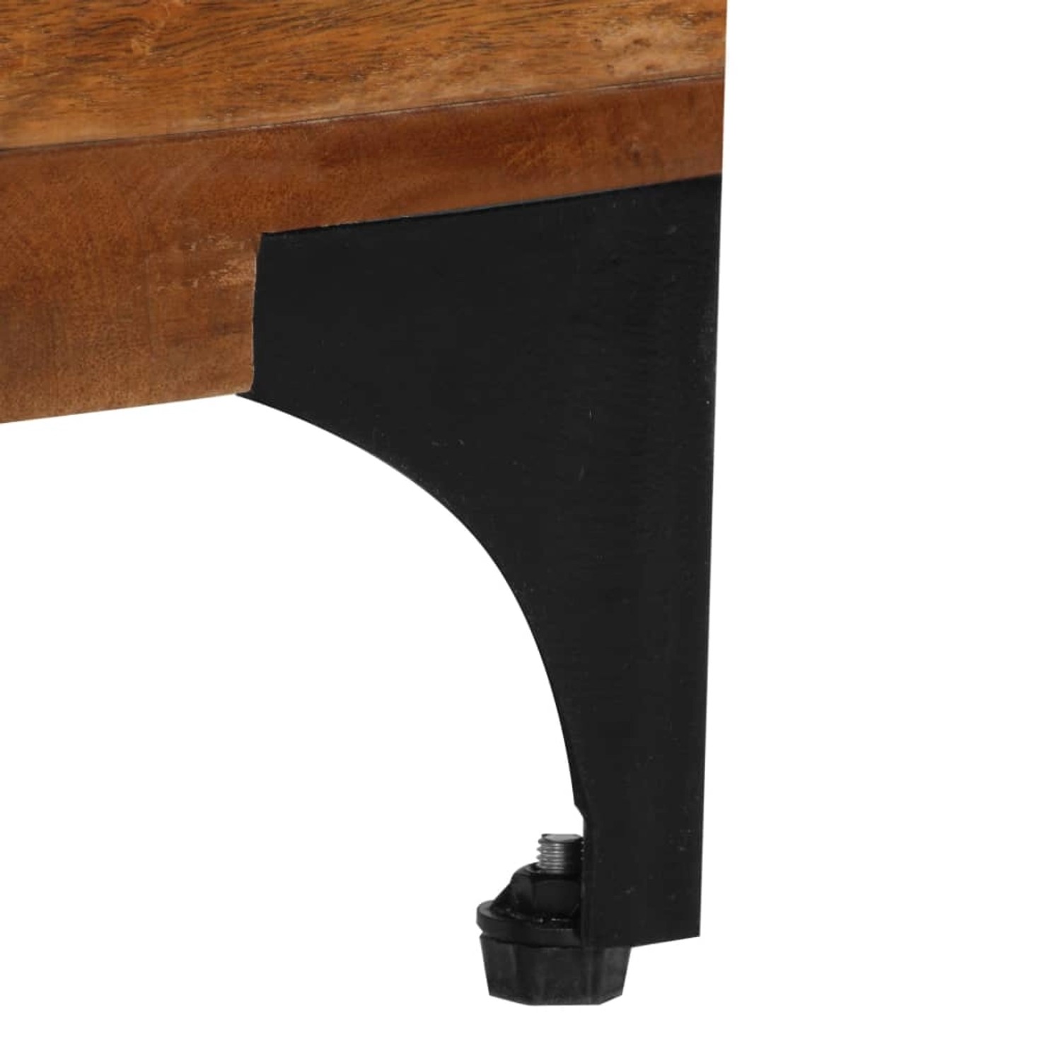 Detailansicht: Schwarzer Metallfuß des TV-Schranks aus Altholz massiv.