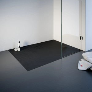Rechteckige, anthrazitfarbene Schulte Duschwanne ExpressPlus 120x80 cm mit Steinoptik und Ablaufgarnitur.