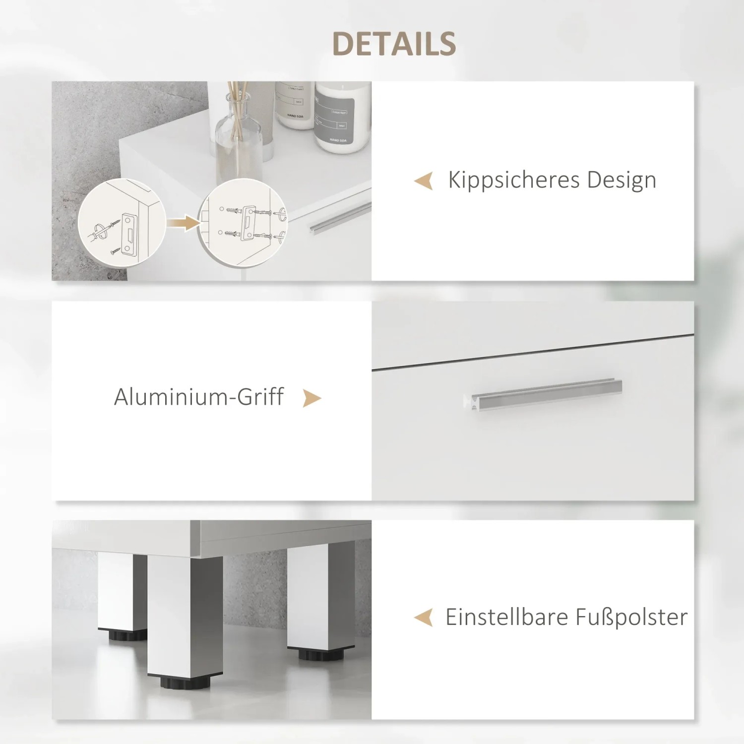 Detailansicht: Weißer kleankin Badezimmerschrank mit Kippschutz, Aluminiumgriff und verstellbaren Füßen.