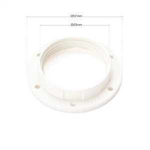 Weißer E27 Schraubring aus Kunststoff mit Gewinde und Maßen Ø57mm/Ø43mm für Lampenfassungen und Lampenschirme.