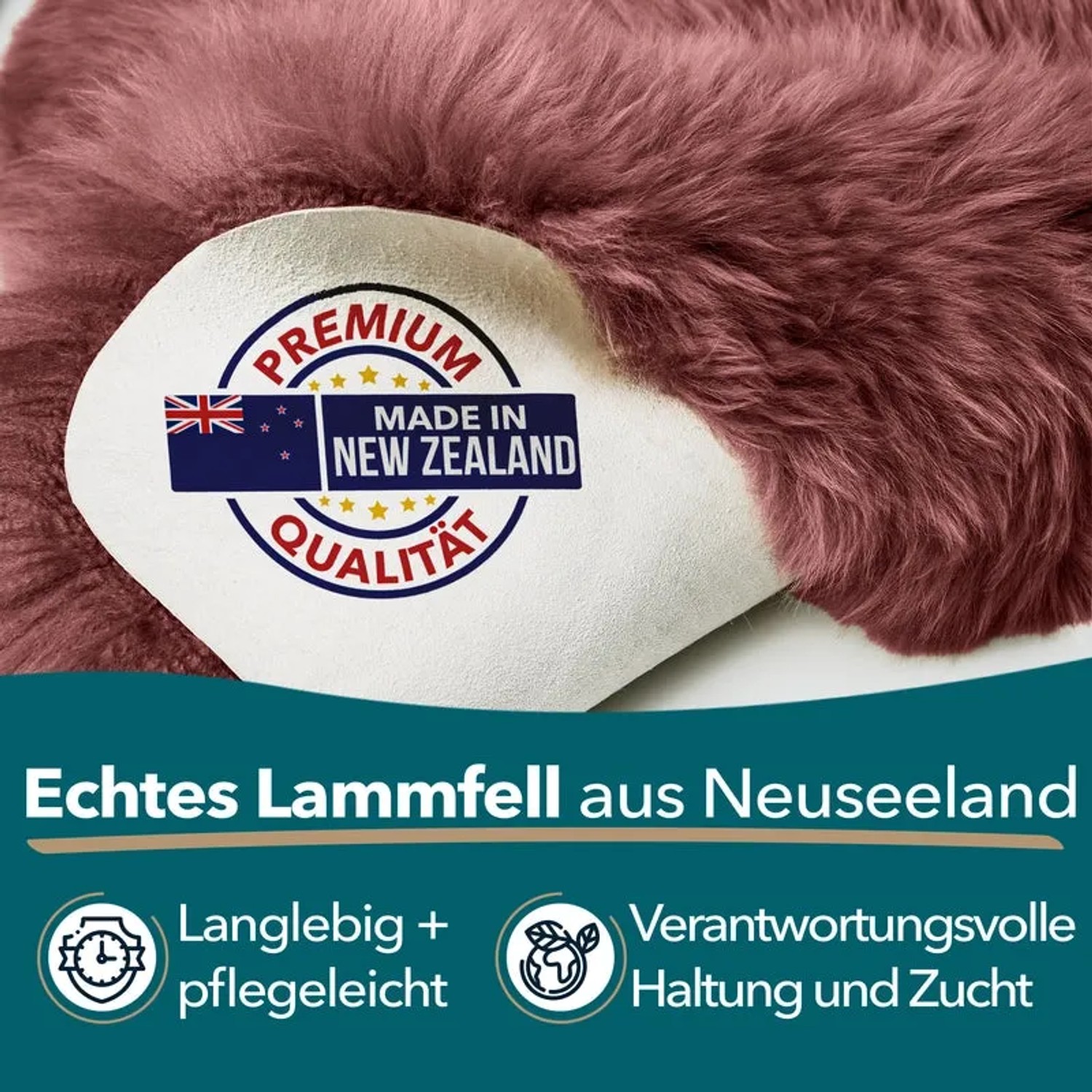 Marsala-farbenes KARAT Schaffell Audrey aus Lammfell, Rückseite mit "Made in New Zealand" Label.