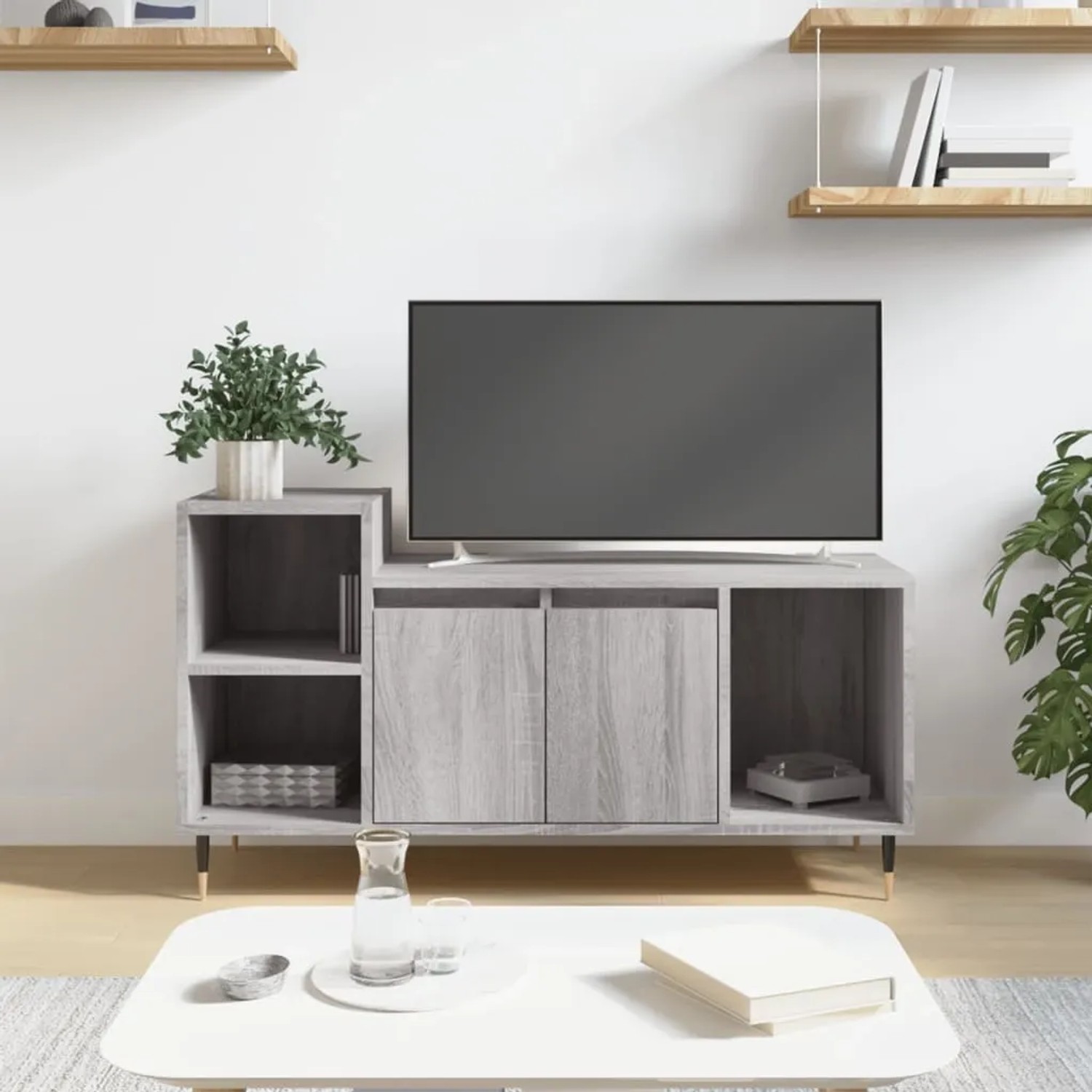 VidaXL TV-Schrank Grau Sonoma, 100x35x55 cm, Holzwerkstoff mit Fächern und Türen.