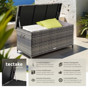 Tectake Auflagenbox Kiruna 270 L Mit Rattangeflecht 2 Griffschlaufen und 2 Rollen 121 x 56 x 60 cm Grau