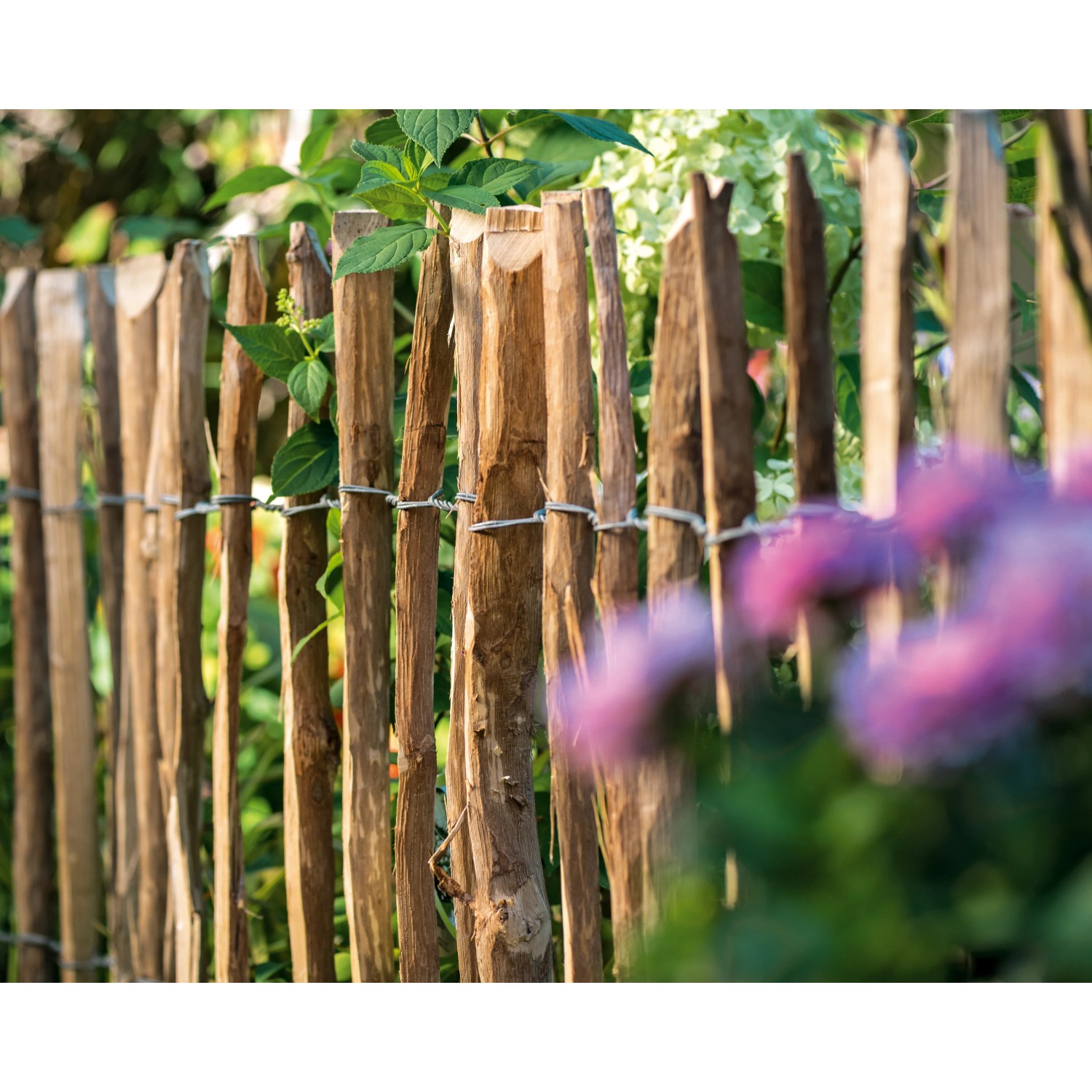 Natürlicher Staketenrollzaun aus unbehandelter Haselnuss, 90x1000cm, ideal als Gartenzaun.