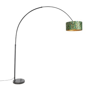 QAZQA Botanische Bogenlampe mit Schwarzem Samt-Schirm Pfauen-Design 50 cm XXL