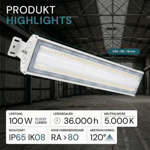Weiße LUXULA LED Hallenleuchte, 100W, 12000lm, 5000K, lineare Gewerbeleuchte für Spots.