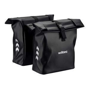 Schwarze Wiltec Doppeltasche für Gepäckträger, wasserfeste Fahrradtasche mit Rollverschluss und reflektierenden Pfeilen.