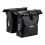 Schwarze Wiltec Doppeltasche für Gepäckträger, wasserfeste Fahrradtasche mit Rollverschluss und reflektierenden Pfeilen.