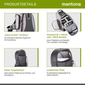 Mantona Fotorucksack Miami: grauer Kamerarucksack mit gepolsterten Gurten, Seitenzugriff, variabler Inneneinteilung für DSLR/DSLM.