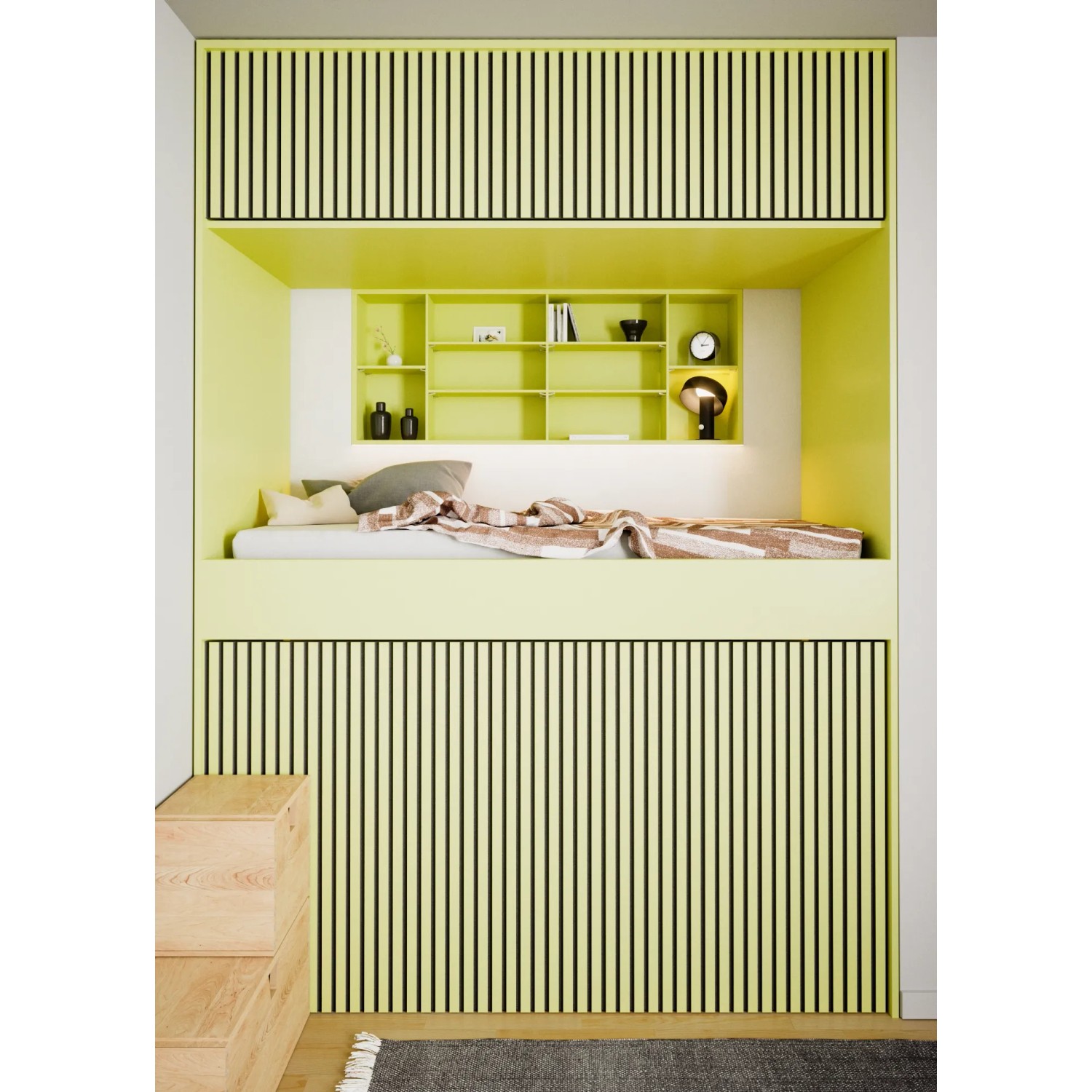 Raumgestaltung mit Akustikpaneel-Muster Linoleum Spring Green: Wand- und Deckenverkleidung im Schlafzimmer.