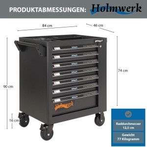Holmwerk Werkstattwagen ROCKX, bestückt mit 254 Teilen und 7 Schubladen, Maße sind dargestellt.