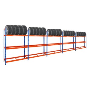 5 blaue/orange Reifenregale Tiger XL mit Reifen, ideal für Garage & Werkstatt.