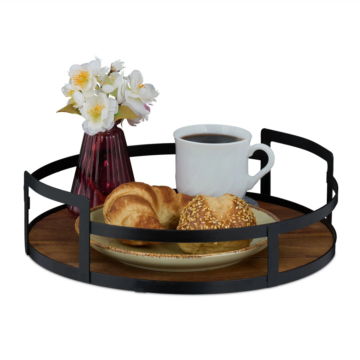 Relaxdays Tablett Akazienholz Eisen Braun Schwarz Hoher Rand Mit Griffen 8,5 cm x ø 30,5 cm 0,7 kg