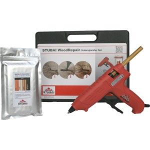 Stubai Holzreparatur-Set mit roter Heißklebepistole und Astfüller-Mix. Ideal für Holzschäden, Risse, Löcher.