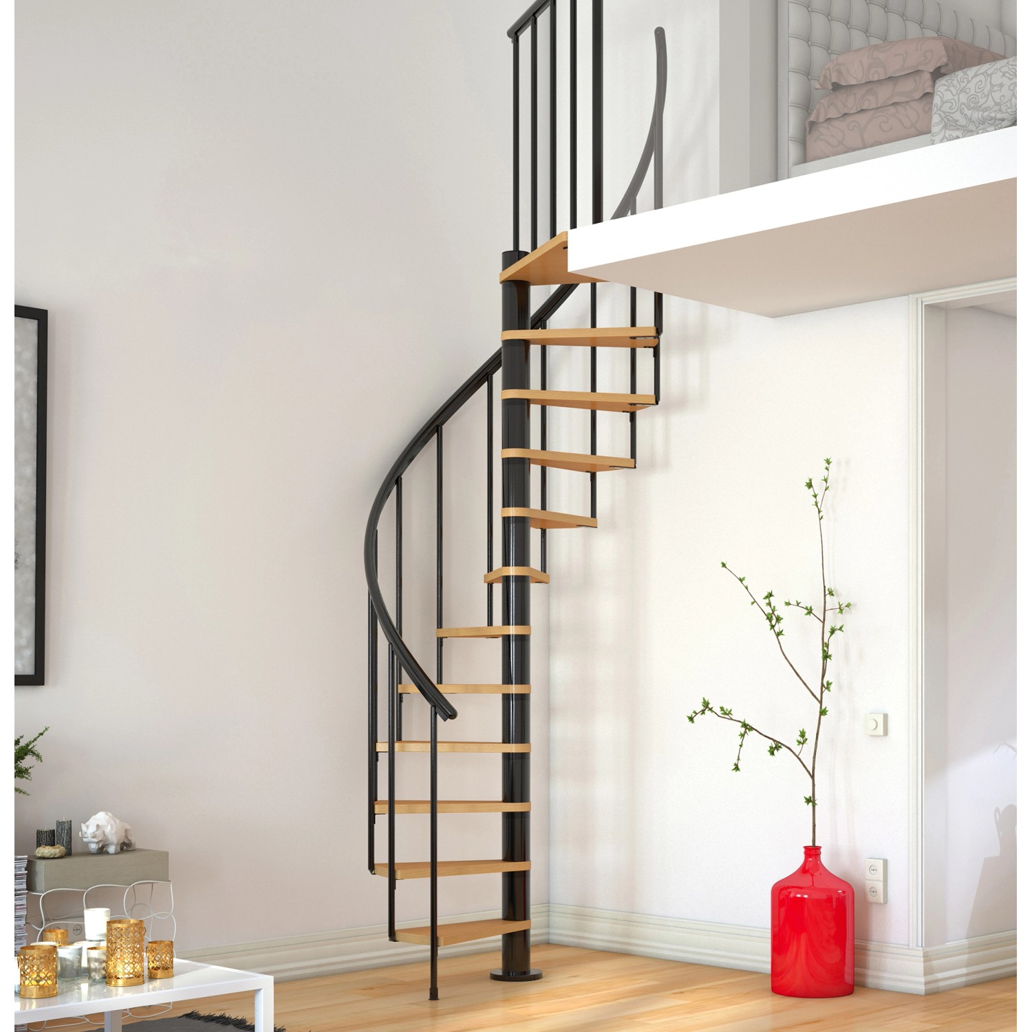 Dolle Spindeltreppe Calgary, Ø 120 cm, anthrazitfarbene Metallelemente und 11 Holzstufen.