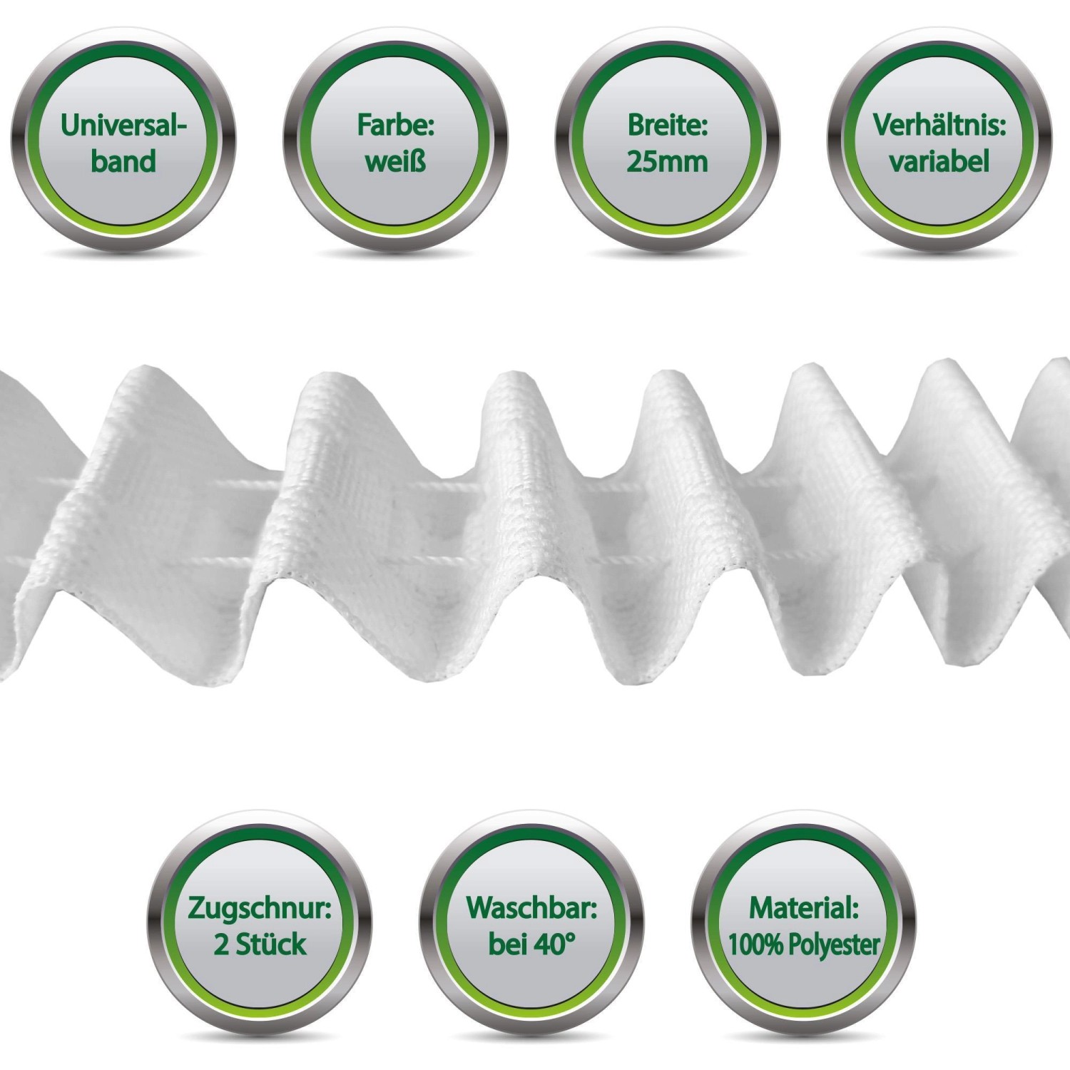 Bestgoodies Gardinenband Universalband, 25mm breit, weiß, 5m lang, für Fenstervorhänge.