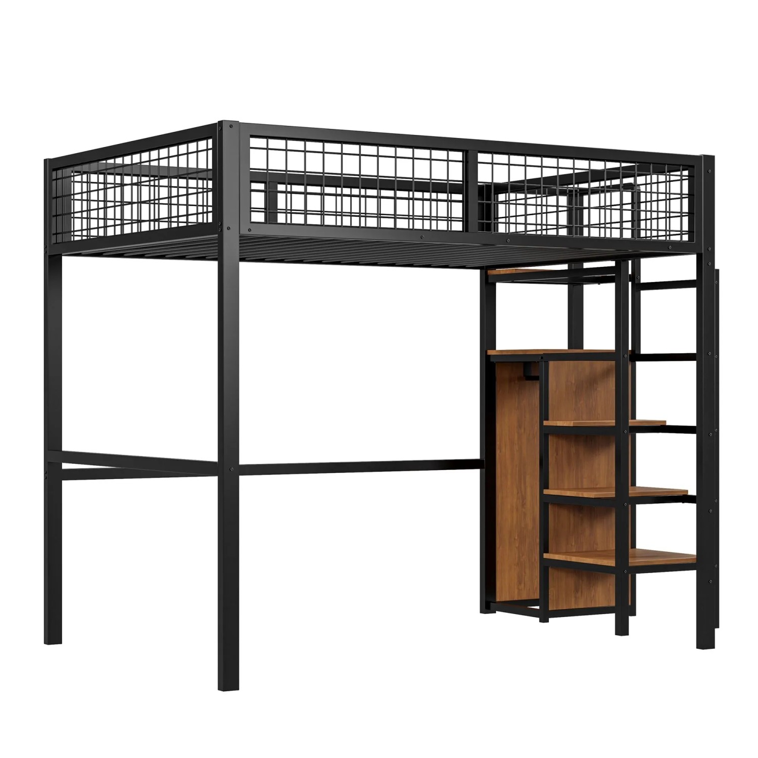 okwish Hochbett 140x200cm mit Leiter Regal und Kleiderschrank Kinderzimmer Schwarz ohne Matratze