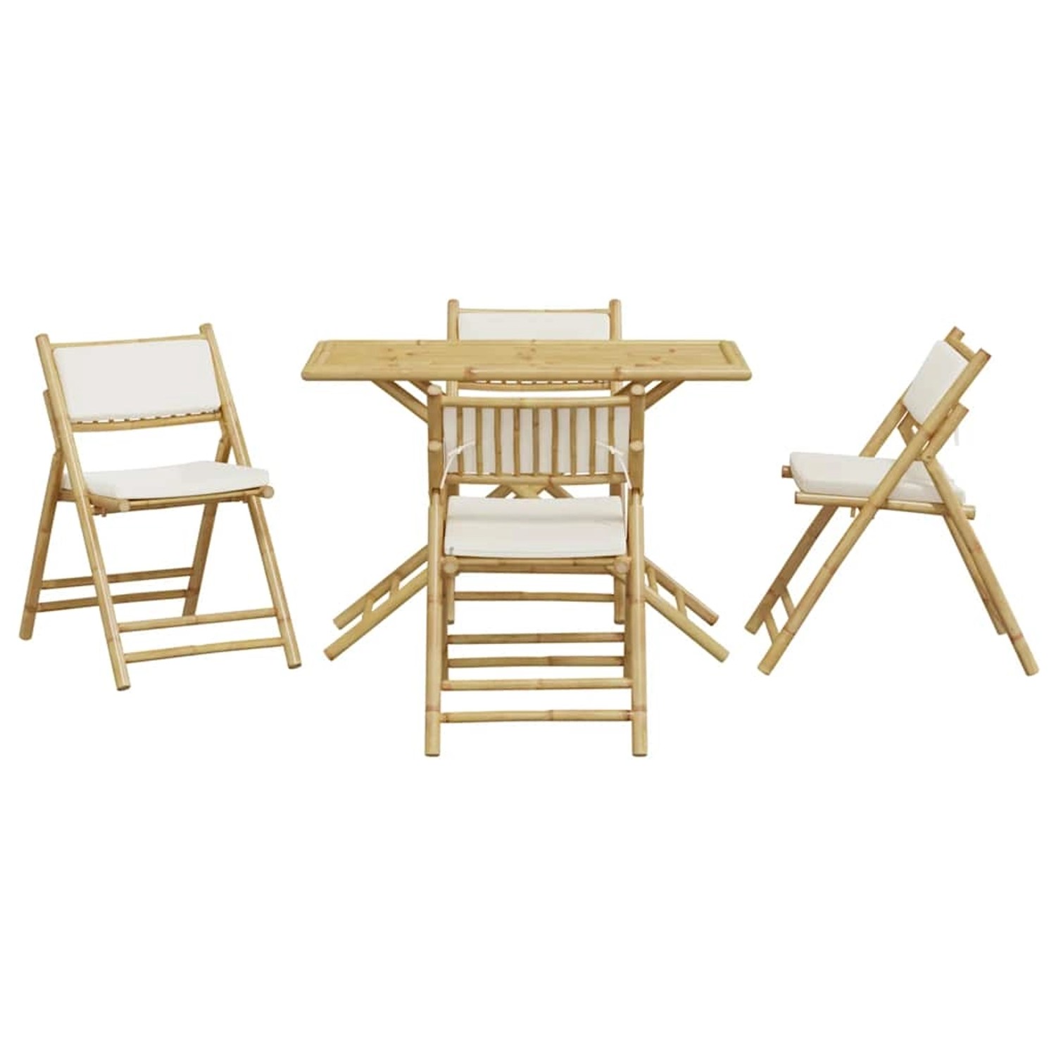 Klappbares 5-tlg. Bistro-Set aus Bambus mit cremeweißen Kissen. Ideal für Garten oder Balkon.
