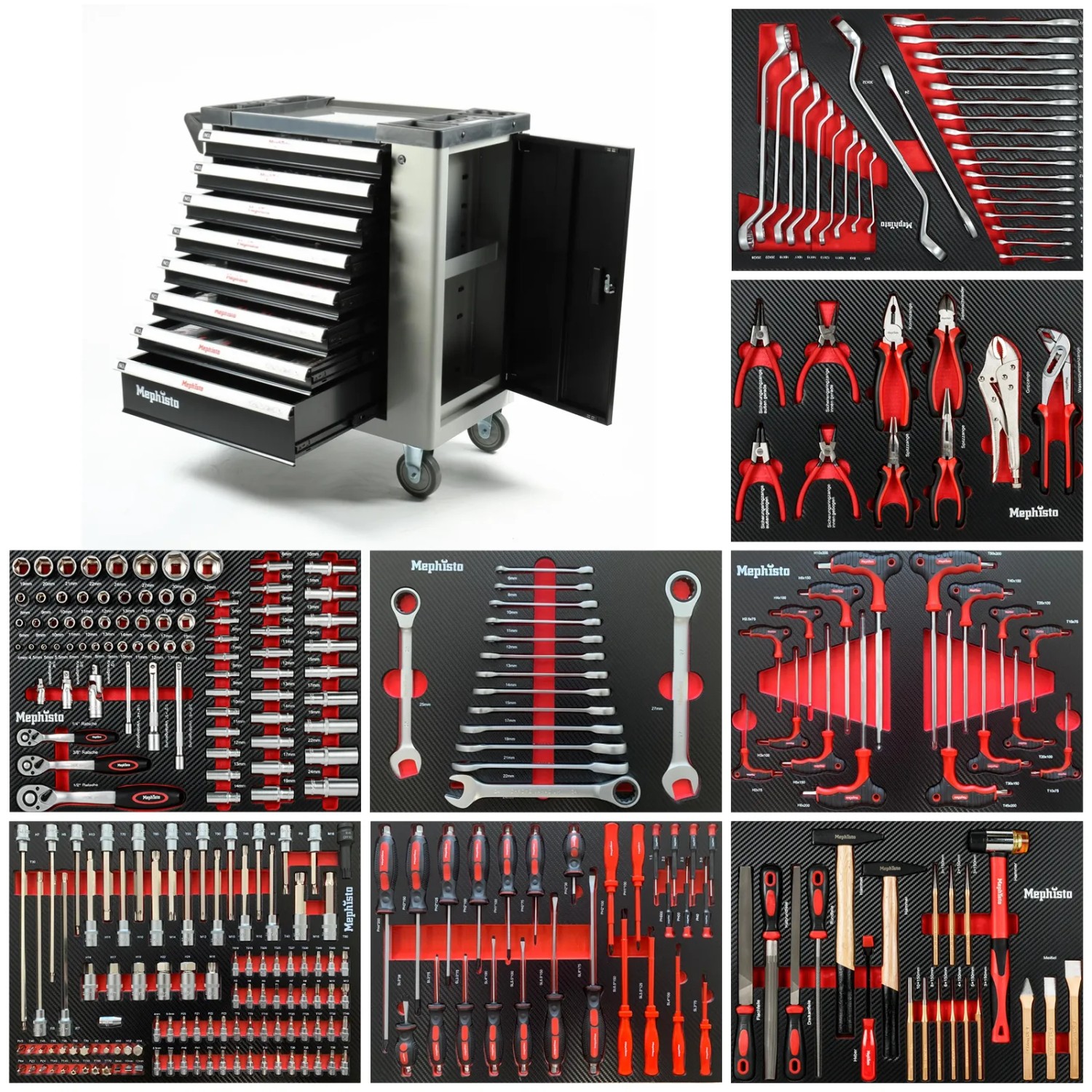 Mephisto Werkzeugwagen mit 8 Schubladen und Ringschlüssel-Set, gefüllt mit Werkzeugen.