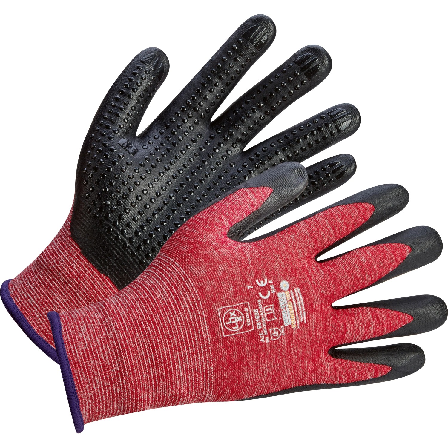 LUX Allroundhandschuhe Damen Gr. 8, Arbeitshandschuhe mit schwarzer Handfläche und rotem Handrücken.