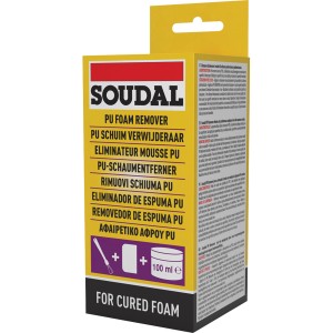 Soudal Hartschaumentferner, 100 ml Flasche in gelber Verpackung. Entfernt PU-Schaum.