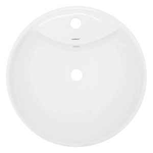 Rundes, weißes ECD Germany Handwaschbecken aus Keramik mit Ablaufgarnitur, Draufsicht.