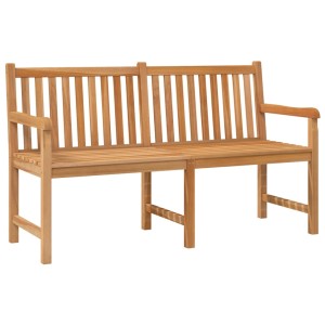 Massive Teak Gartenbank, 150 cm breit. Holzbank mit Armlehnen und Lattenmuster.