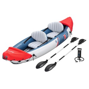 Aufblasbares Kajak-Set Lite-Rapid X2 für 2 Personen, blau-weiß-rot, mit 2 Paddeln und Pumpe.