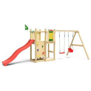 Jungle Gym Spielturm Ledge mit Doppelschaukel, roter Rutsche und Kletterwand aus Holz.