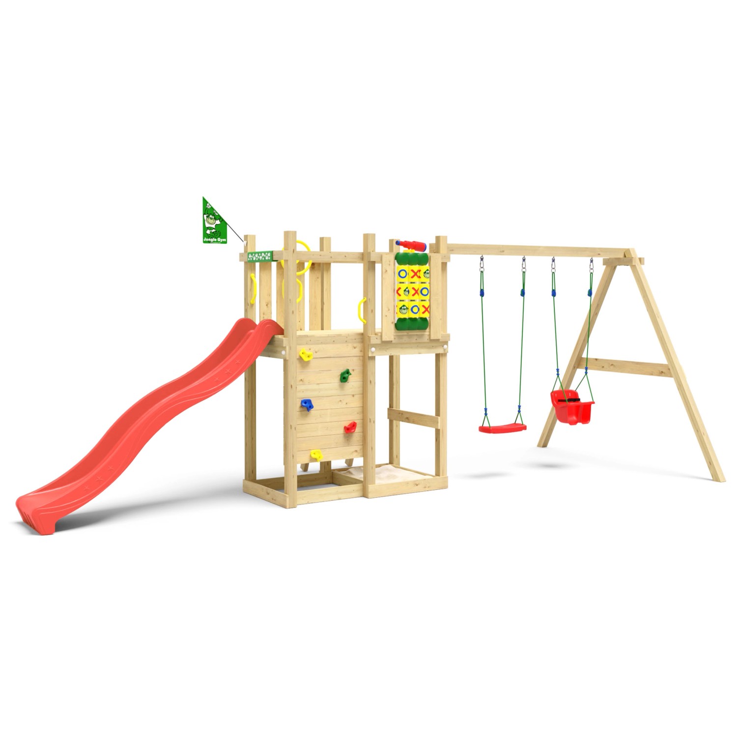 Jungle Gym Spielturm Ledge Holz mit Doppelschaukel Tic Tac Toe Rutsche Rot günstig online kaufen