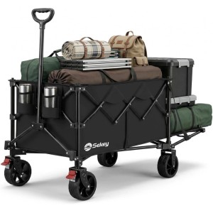 Sekey Bollerwagen, faltbar, mit Heckklappe, 240L, 150KG, schwarz, beladen mit Campingausrüstung.