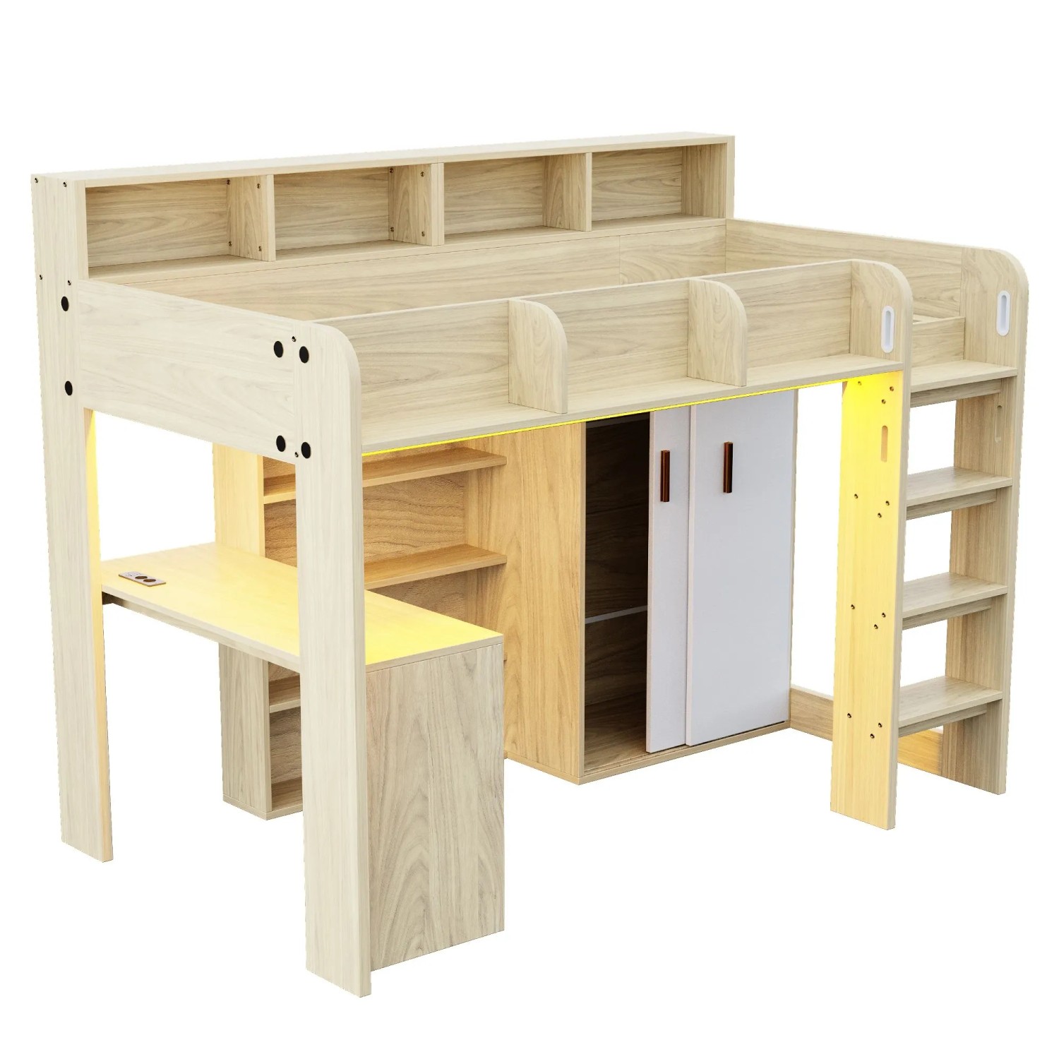 okwish Hochbett 90x200cm mit Schreibtisch und Kleiderschrank Kinderzimmer Natur ohne Matratze