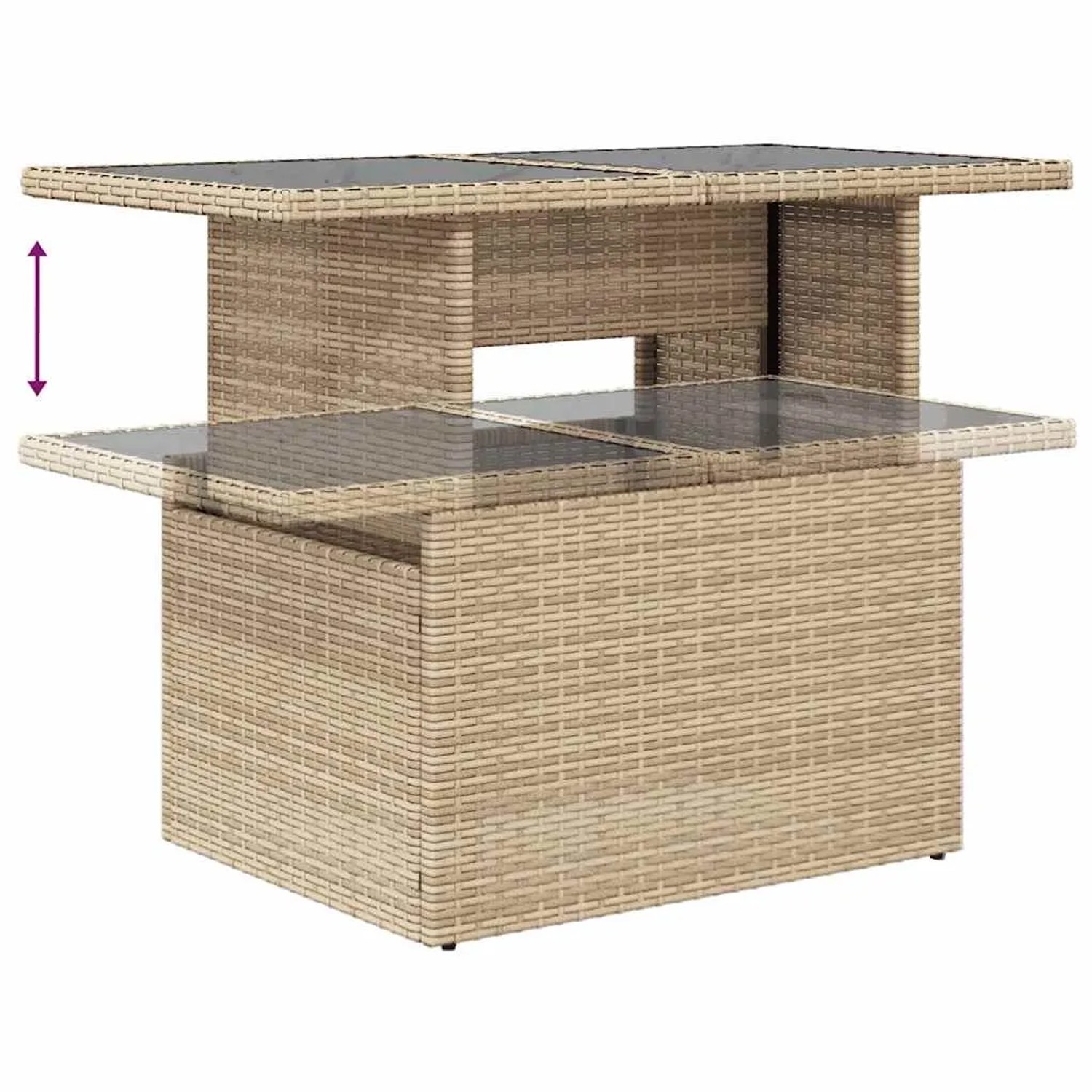 Verstellbarer vidaXL Gartentisch aus Rattan, beige, Tischplatte hochgeklappt.