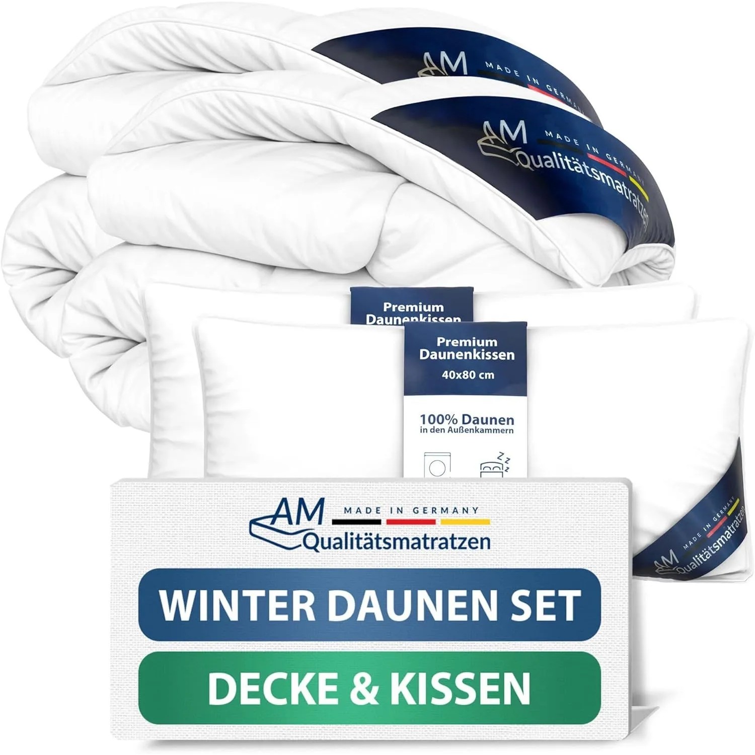 AM Qualitätsmatratzen Premium Winter Daunen Bettdecken- & Kissen 2er Set Made in Germany & DOWNPASS Zertifiziert 155x220cm