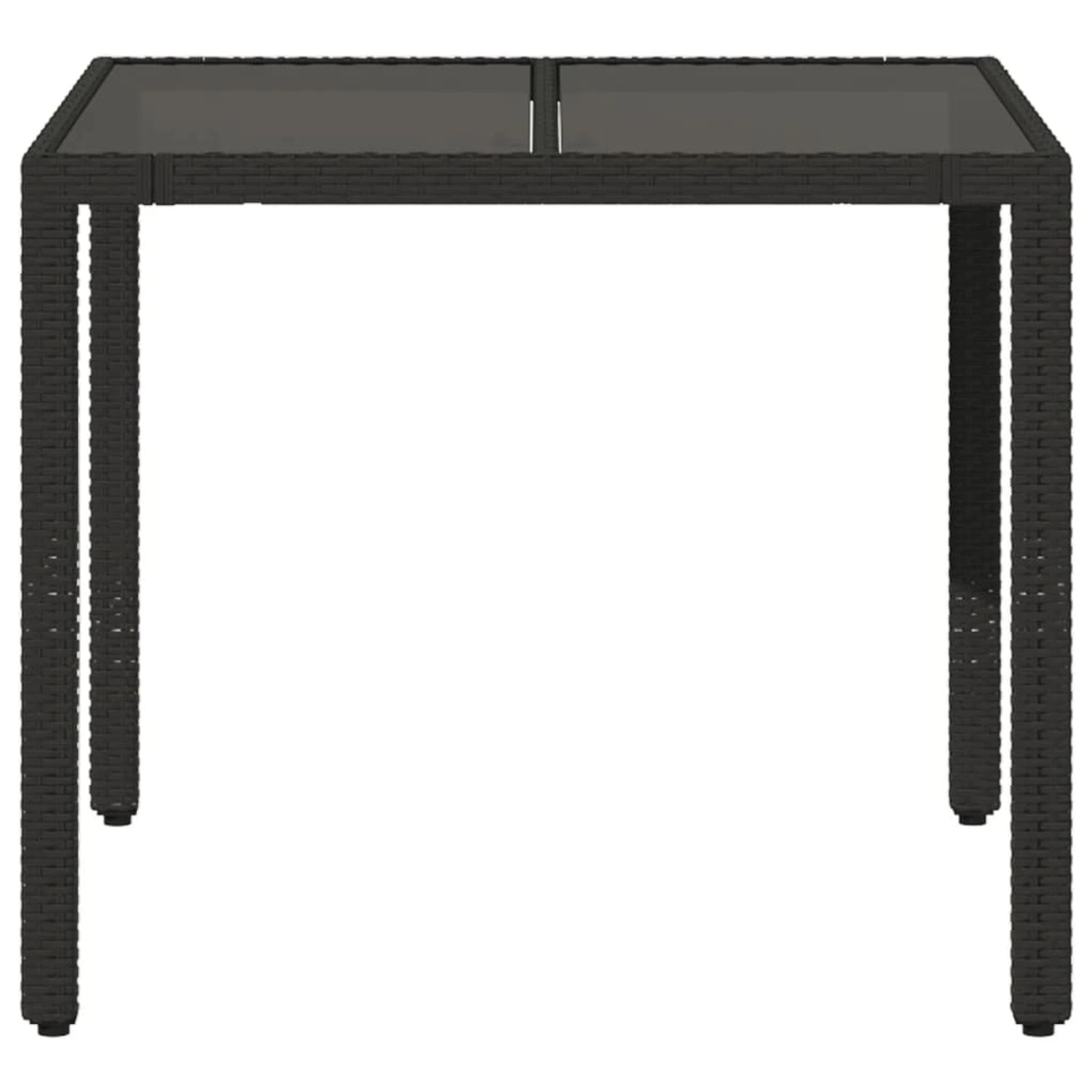 Schwarzer vidaXL Gartentisch mit Glasplatte, 90x90 cm, aus Poly Rattan.