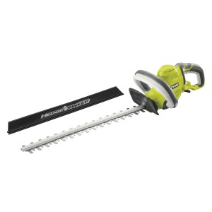 Ryobi RHT4550HS Elektro-Heckenschere mit 50 cm Schwert und HedgeSweep-Aufsatz.