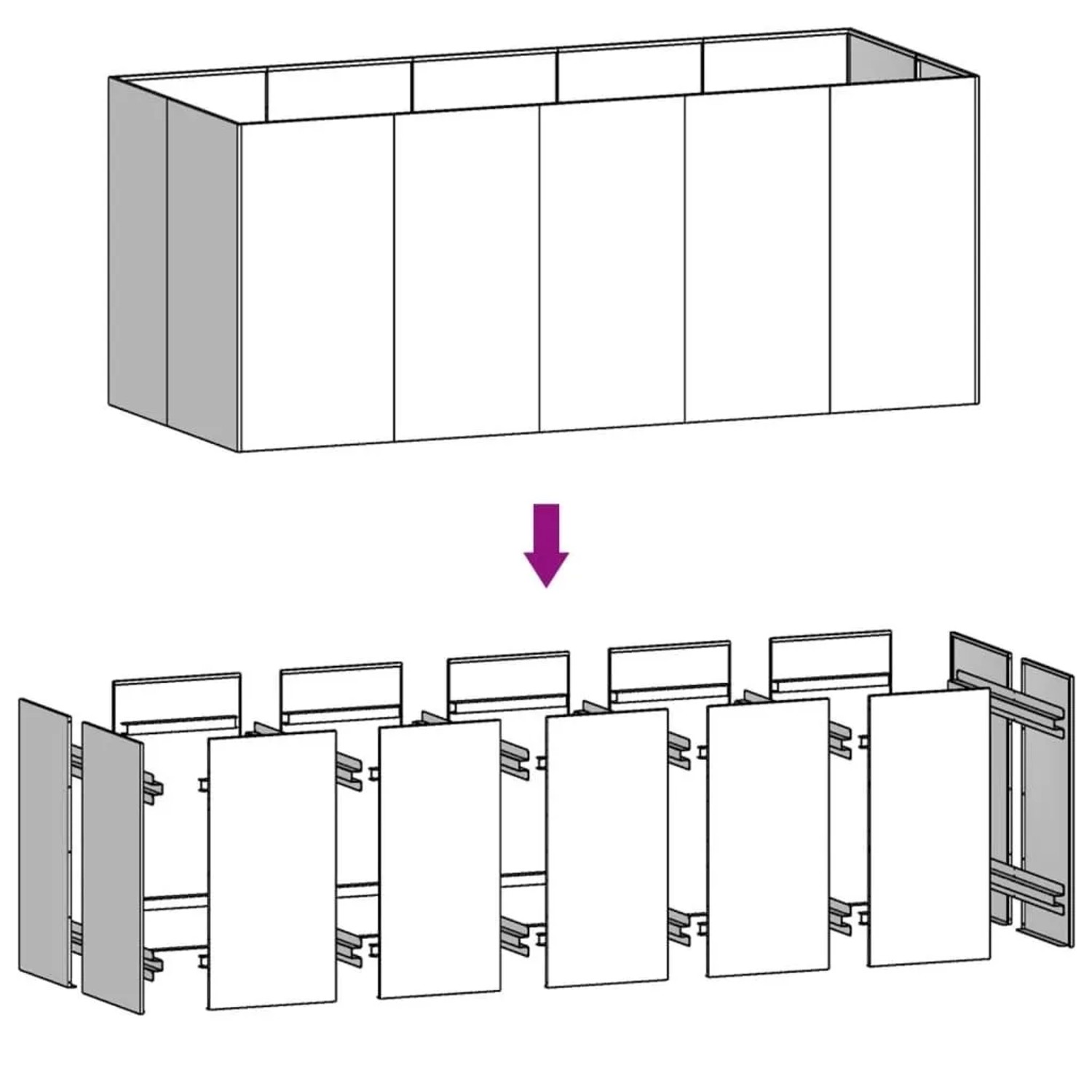 vidaXL Cortenstahl Hochbeet: Diagramm zeigt Aufbau des rechteckigen Blumenkastens mit Einzelteilen. Ideal für Garten & Balkon.