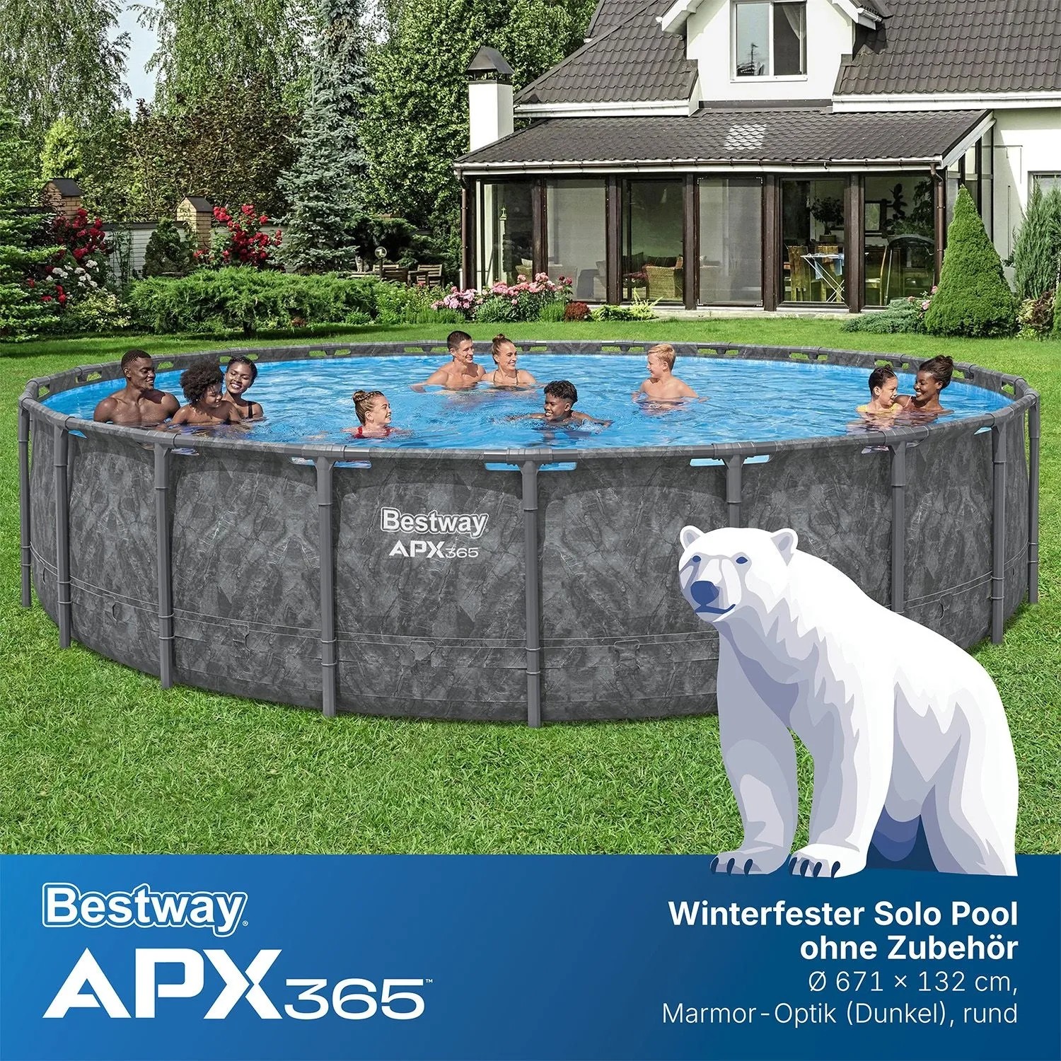 Bestway APX365 Solo Pool, Ø 671x132 cm, Marmor-Optik Dunkel, Rund, mit Personen im Wasser