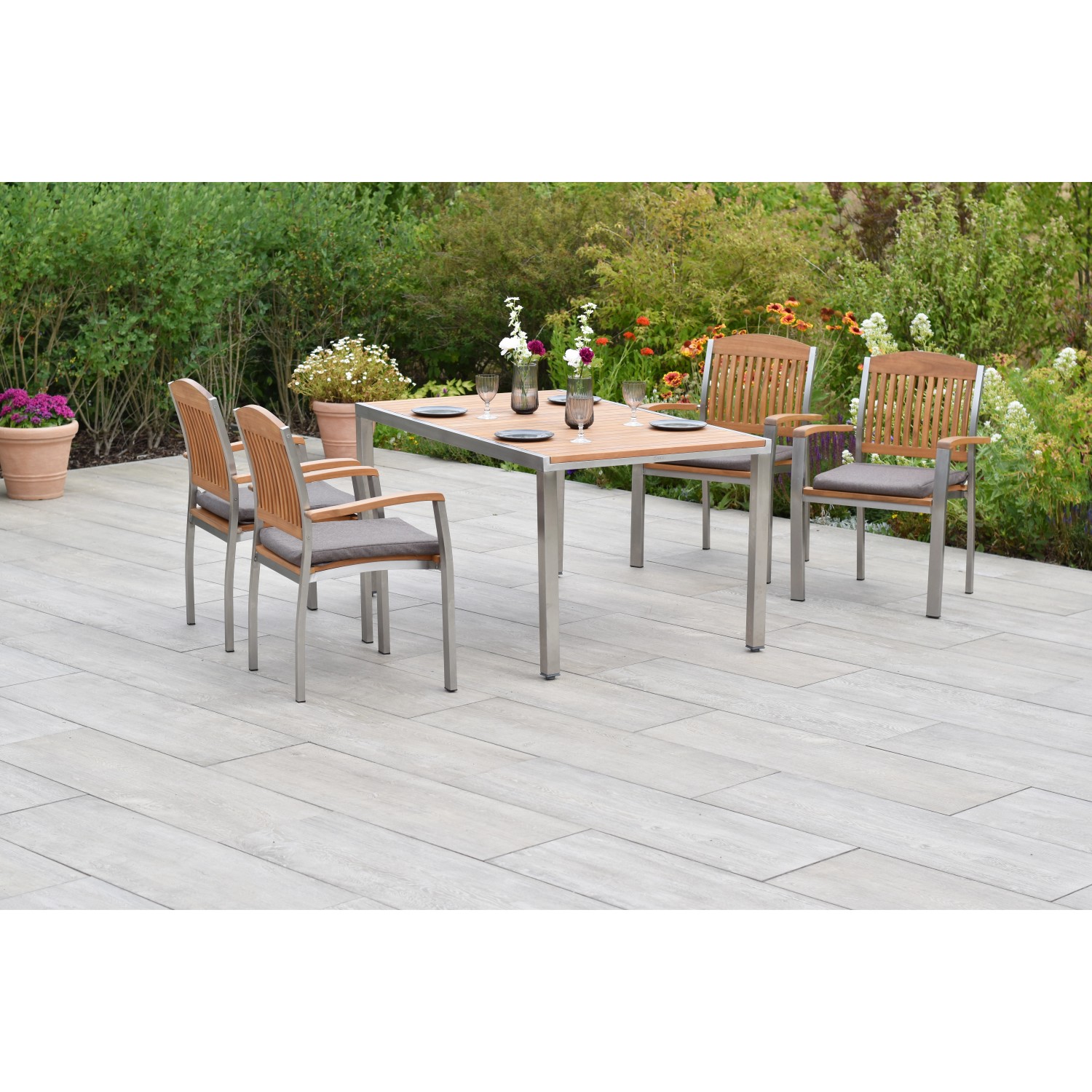 Merxx Keros Set 9-tlg. mit Gartentisch 150 x 90 cm inkl. Kissen Edelstahl/A günstig online kaufen