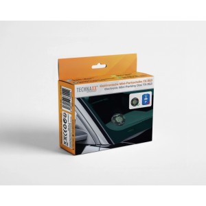 Orange-weiße Verpackung der Technaxx Elektronischen Mini-Parkscheibe TX-353, zeigt Scheibe an Windschutzscheibe.