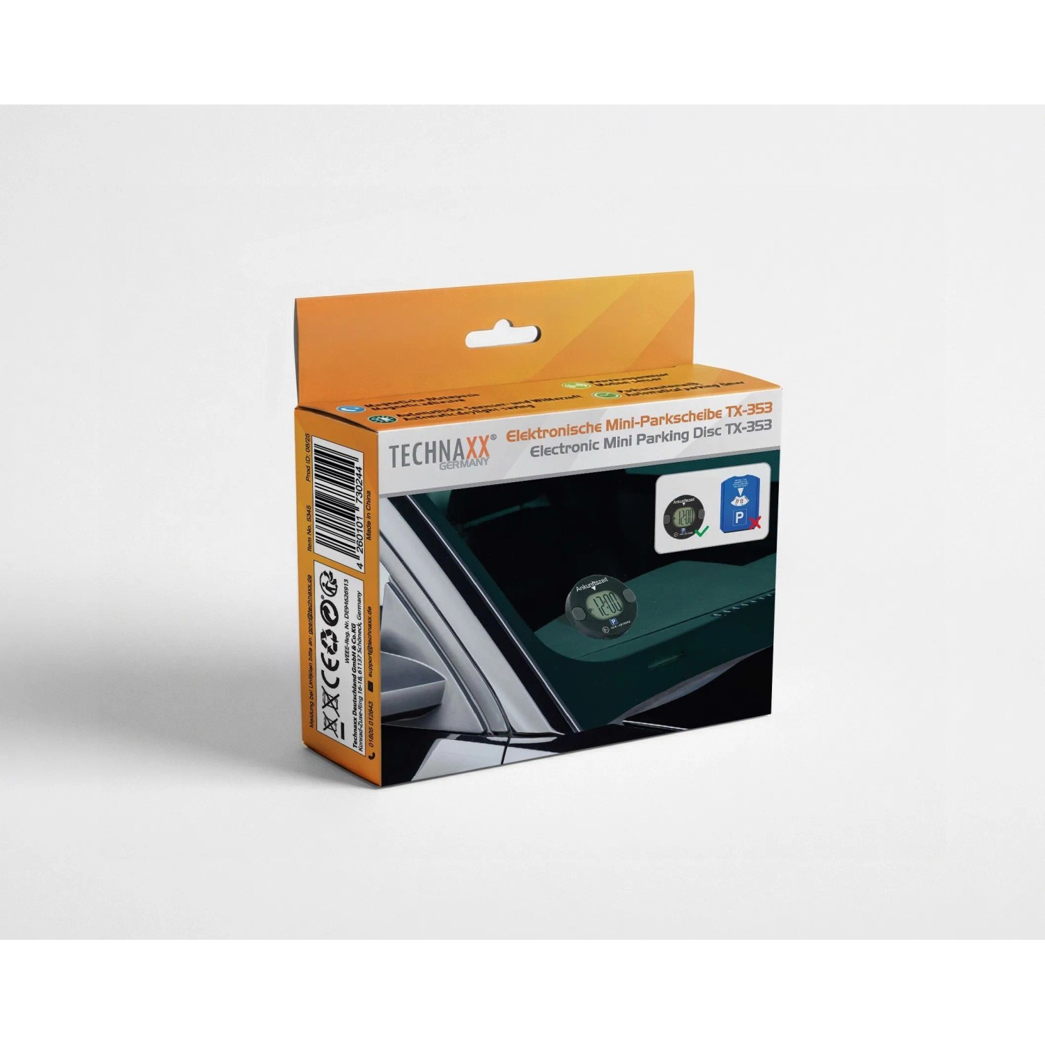 Technaxx Elektronische Mini-Parkscheibe TX-353 in orange-weißer Verpackung. Zeigt die KBA-zugelassene Parkscheibe am Auto.