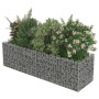 Rechteckiges Gabionen-Hochbeet aus verzinktem Stahl, mit Steinen gefüllt und bepflanzt. Ideal als Blumenkasten.