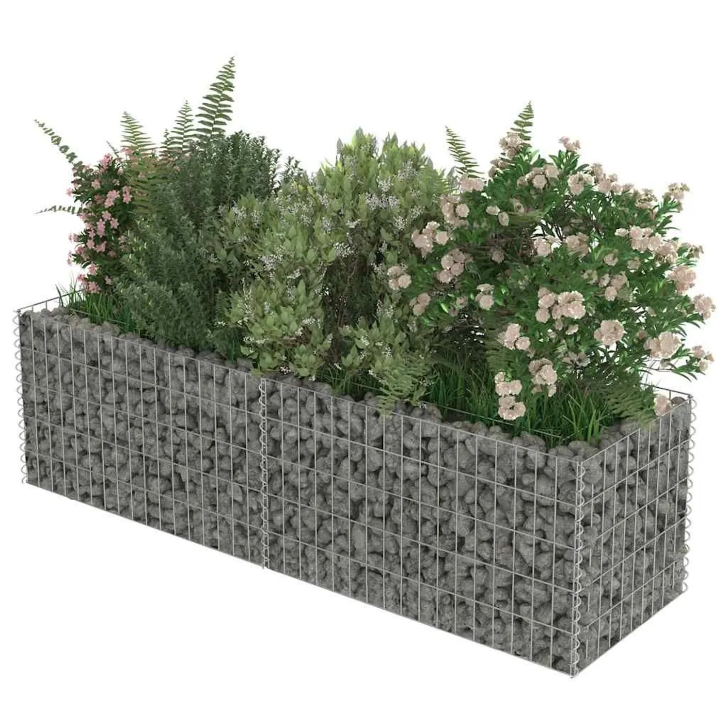 Rechteckiges Gabionen-Hochbeet aus verzinktem Stahl, mit Steinen gefüllt und bepflanzt. Ideal als Blumenkasten.