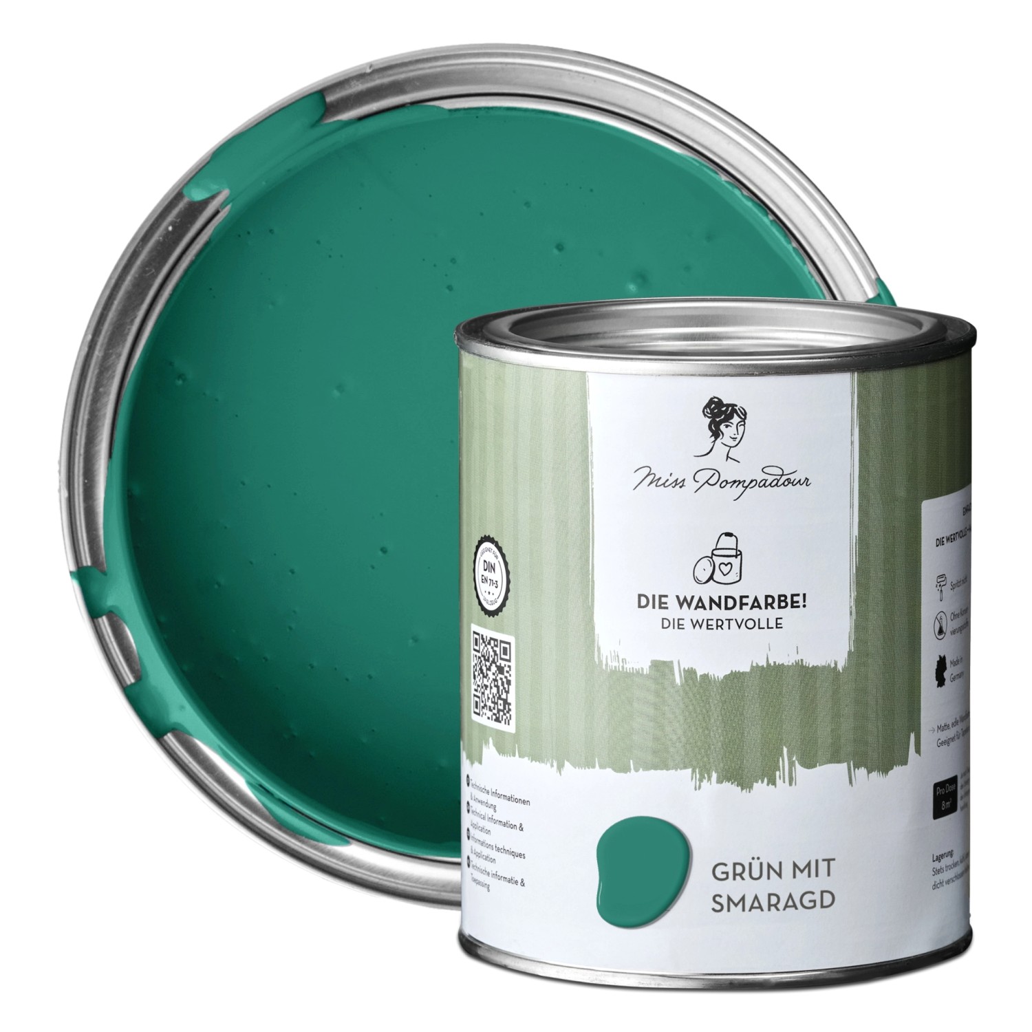MissPompadour Extramatte Wandfarbe Grün mit Smaragd 1L Hochdeckend Spritzfrei