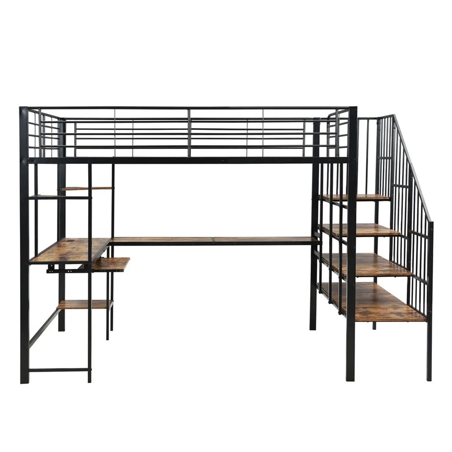 KOMHTOM Hochbett Aus Eisen  120 x 200 Cm  Mit Ladeöffnung  Ecktreppe  Stauraum  Schreibtisch Mit Tastaturablage  Eisen + Mdf  Schwarz + Dunkel