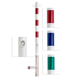 Weißer UvV Stahl Absperrpfosten Ø60 mit roter Reflexfolie, verzinkt und herausnehmbar.
