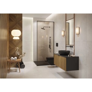 Modernes Bad mit Feinsteinzeug Bodenfliese Moonrow Weiß Matt 59,8x59,8 cm und Dusche.