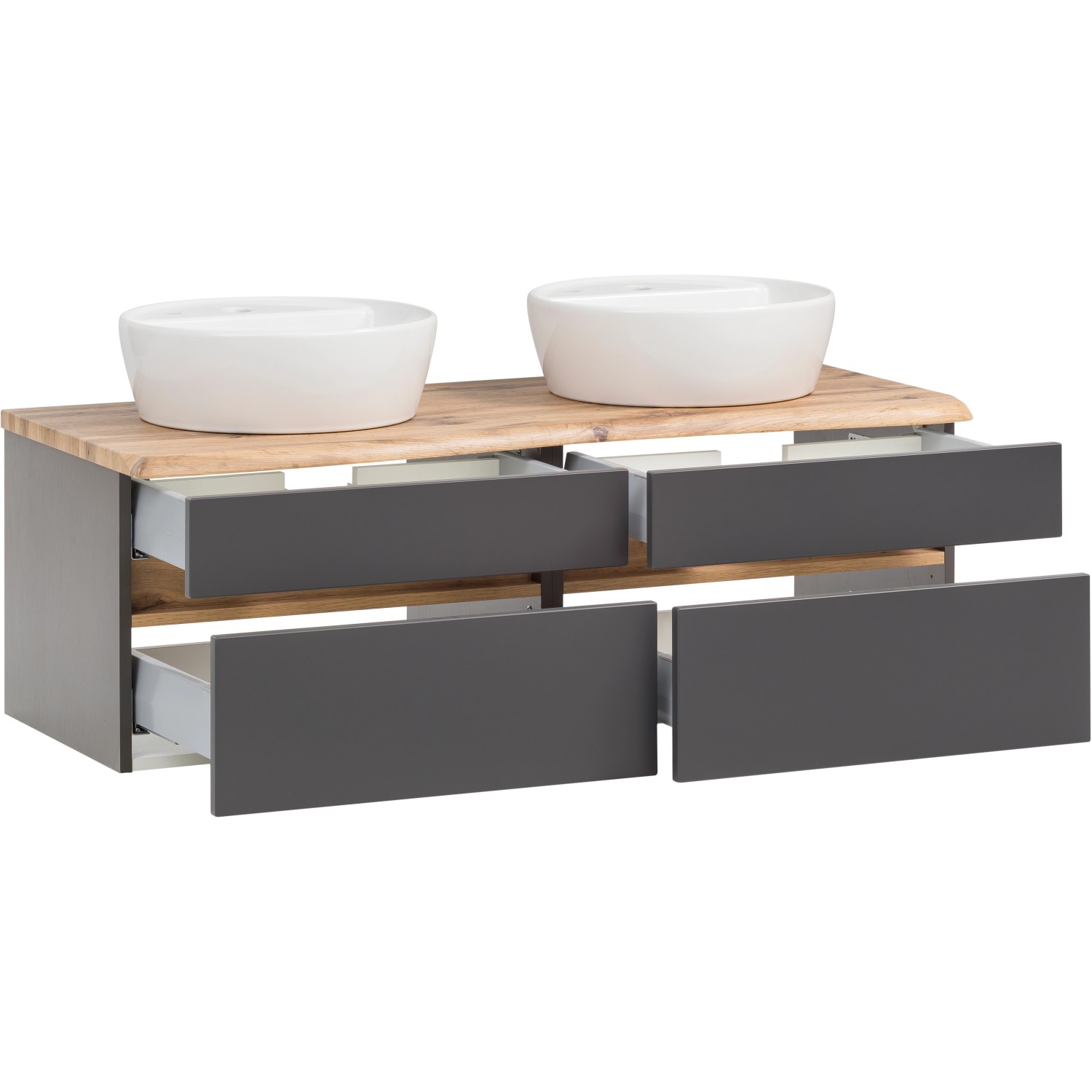 Held Möbel Doppelwaschtisch-Set Trient, 120 cm, grau/Wotaneiche mit Aufsatzbecken und offenen Schubladen.