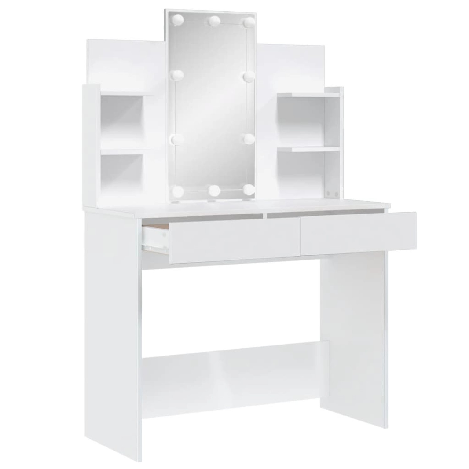 Weißer Schminktisch mit LED-Beleuchtung, Spiegel, Schubladen und Ablagefächern.
